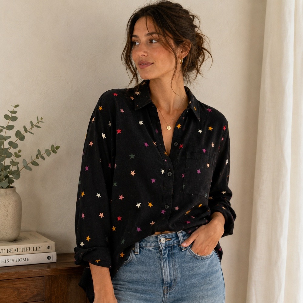 Rails The Charli Top Women L Onyx Rainbow Star AOP Button Up Celestial Whimsical
